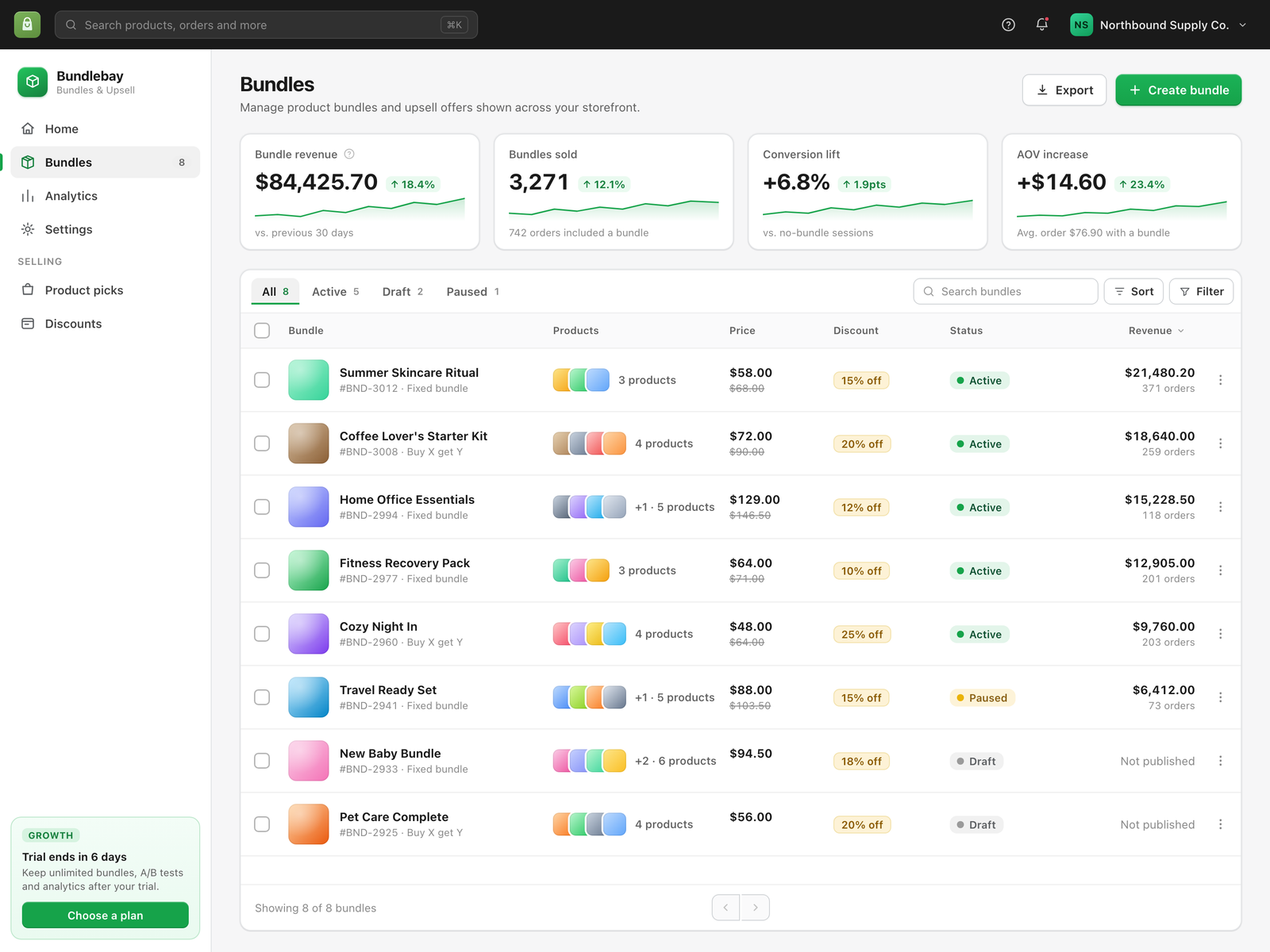 Bundlebay Shopify Product Bundling & Upsell App - Web platform screenshot 1 - Shopify Polaris, Remix development