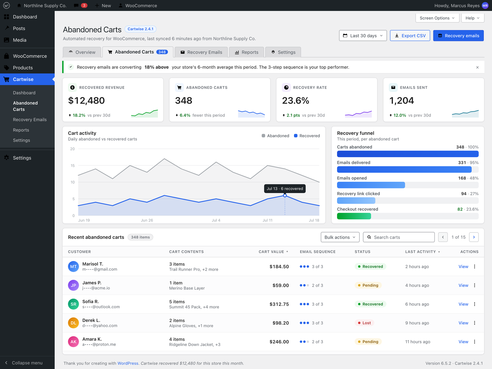 Cartwise WooCommerce Analytics & Cart Recovery Plugin - Web platform screenshot 1 - PHP, WordPress development