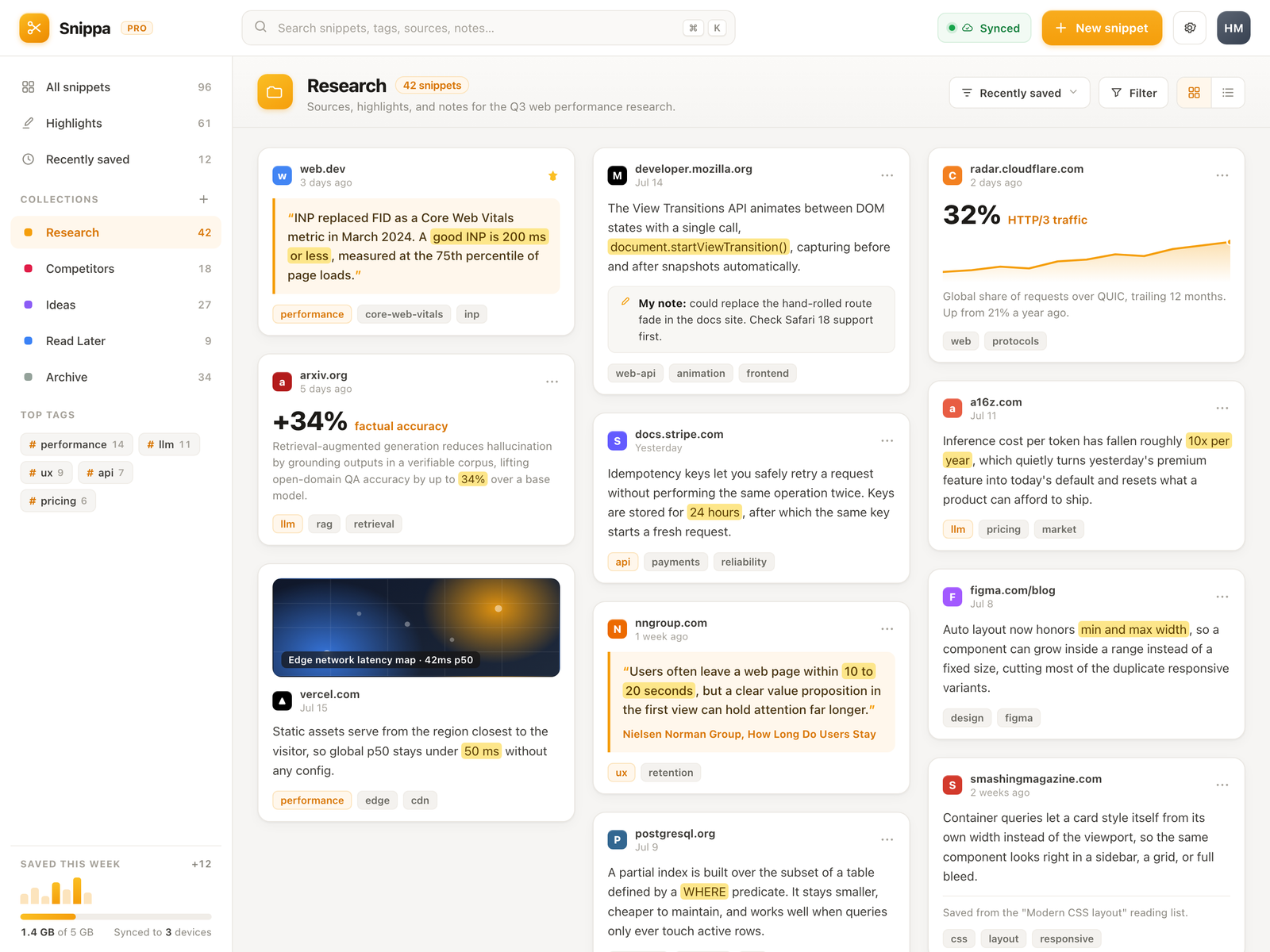 Snippa Web Research & Snippet Manager Extension - Web platform screenshot 1 - Manifest V3, React development